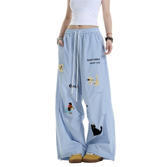 Landzoo One Casual Pants Loose Fit Plaid Pattern Towel Embroidery Design Folded Wide Leg Trousers Relaxed Drapery Soft Beautiful Women's Casual Trousers