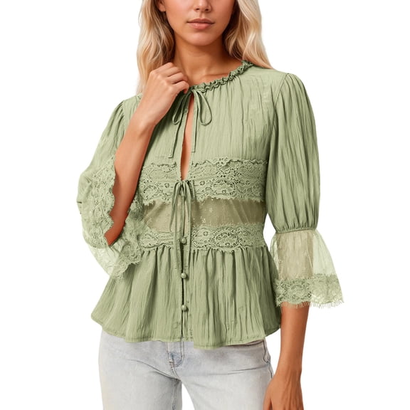 Landzoo One Elegant Lace Shirt Collar Blouse With Flattering Smocked Waist Chiffon Sleeves Sun Loose Fit Casual Top Stylish Beautiful Women's T-Shirts