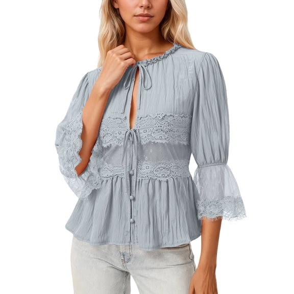 Landzoo One Elegant Lace Shirt Collar Blouse With Flattering Smocked Waist Chiffon Sleeves Sun Loose Fit Casual Top Beautiful Cozy Women's Tops