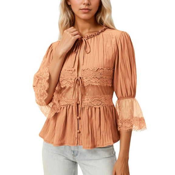 Landzoo One Elegant Lace Shirt Collar Blouse With Flattering Smocked Waist Chiffon Sleeves Sun Loose Fit Casual Top Stylish Cozy Women's Dailywear