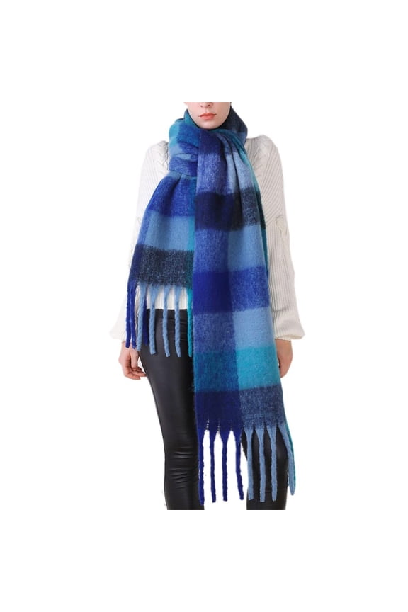 Extra Long Plaid Fringe Scarf Winter Warm Soft Chunky Knit Loop Shawl Wrap For Fashion Soft Stylish Basic Scarf
