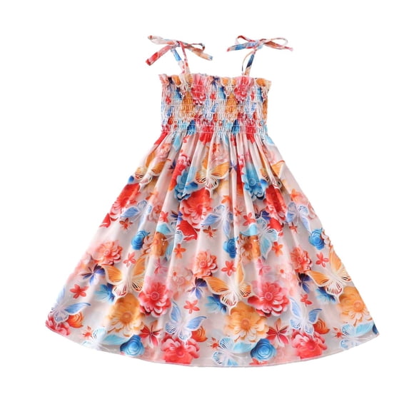 Landzoo One Girls Bohemian Dresses Floral Sleeveless Rainbow Beach Sunress With Necklace Beautiful Casual Cozy Girl's Dress 7-8 Years