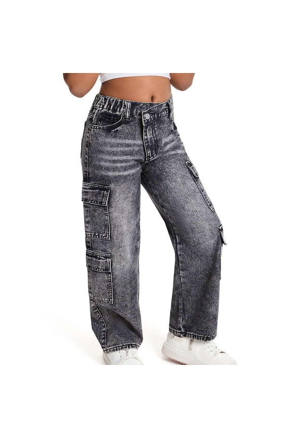 Girls Cargo Jeans For Teens Distressed Washed Denim Pants With Multiple Pockets Casual Loose Fit Comfortable Summer Trousers For 6 13 Years Old Elastic Cozy Lightweight Children Trousers