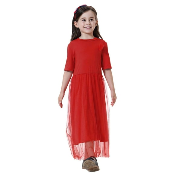 Landzoo One Girls Elegant Long Dress For Celebration – Ethnic Style Round Neck Short Sleeve Girls’ Floor Length Dress(12M 11Y) Beautiful Cute Girl's Dress 6-7 Years
