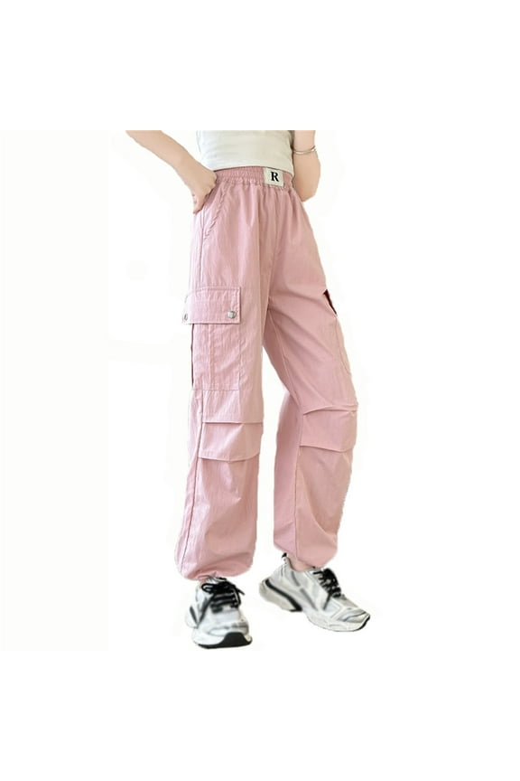 Girls Fashion With Pockets Cargo Pants Solid Color Streetwear For 3 14 Elastic Cozy Lightweight Children Trousers