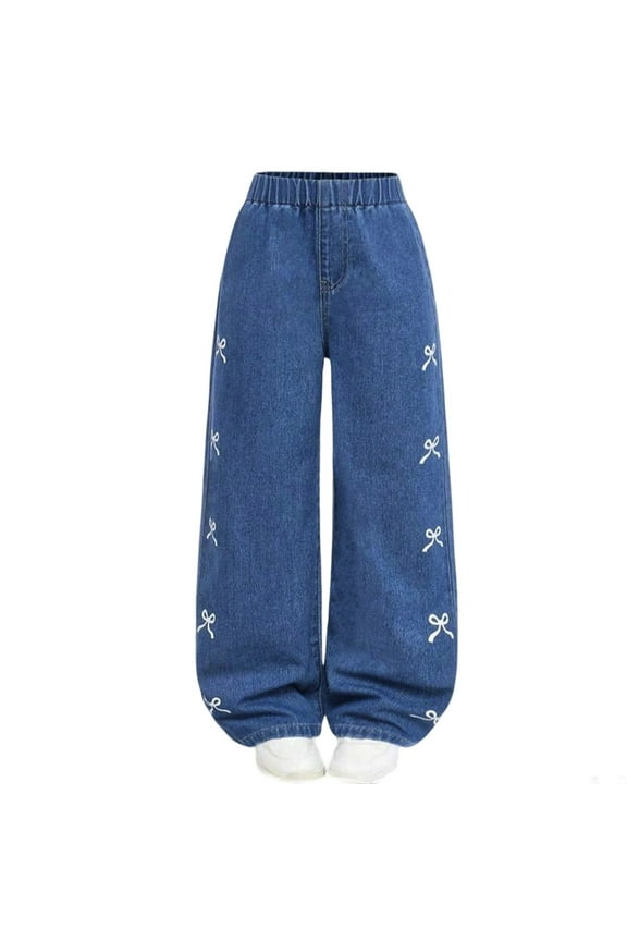 Girls Pants Cute Printed Bow Decorated Wide Leg Pants For Teen Girls Comfortable Stretchy Casual Trousers For Daily Wear Age 7 12 Years Breathable Elastic Cozy Boy’s And Girl's Trousers
