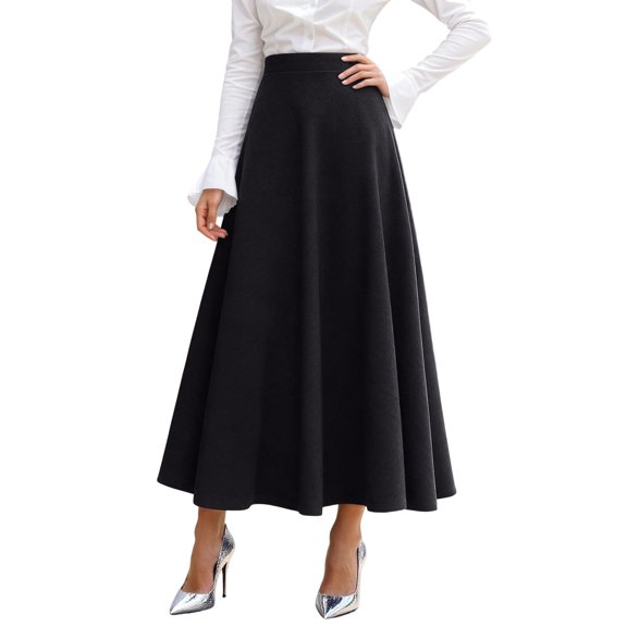 Landzoo One High Waist Pleated Blend Midi Skirt A Line Flared Swing Winter Warm Textured Elegant Casual Dressy Wear Long Skirt With Pockets Beautiful Stylish Women's Skirt