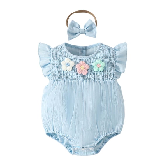 Landzoo One Infant Girls' Smocked 3D Floral Applique Bodysuit & Fly Sleeve Shorts 2 Piece Set Cozy Cute Boys And Girls Bodysuits 12-18 Months