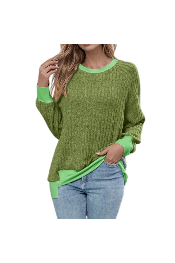 Knit Long Sleeve T Shirt Fashion Patchwork Crewneck Casual Top Blouse Tee Shirt For Daily Wear Stylish Beautiful Women's T-Shirts