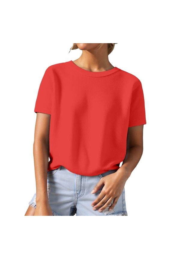 Knit Short Sleeve Crewneck T Shirt Top Casual Yarn Textured Tee Shirt For Everyday Comfortable Wear Beautiful Cozy Women's Tops