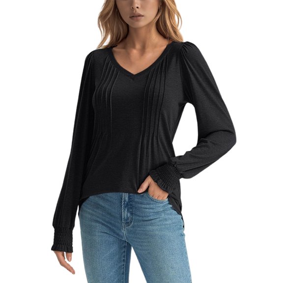 Landzoo One Long Sleeve Blouse Casual Fashion Top With Front Pleated Relaxed Fit Versatile Basic Shirt Stylish Cozy Women's Dailywear