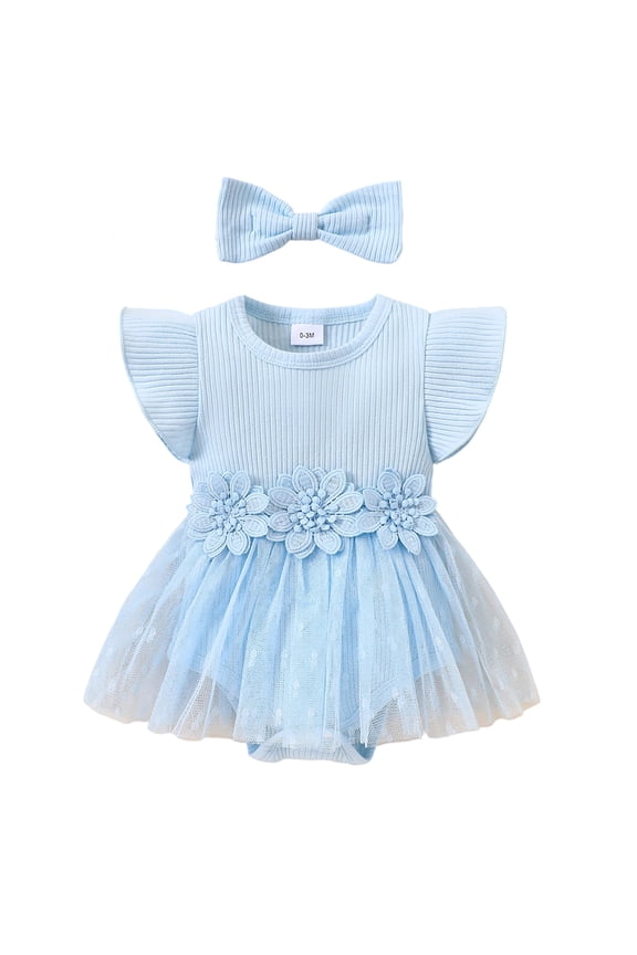 Newborn Infant Baby Girl Summer Romper Dress Infant Fly Sleeve Flower Embroidery Mesh Skirt Hem Ribbed Bodysuit Beautiful Cozy Girl's Dress 9-12 Months