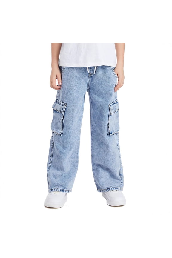 Relaxed Fit Cargo Jogger Pants For Teen Boys Elastic Waist With Drawstring Casual Streetwear Denim Trousers Elastic Cozy Children Trousers 8-9 Years