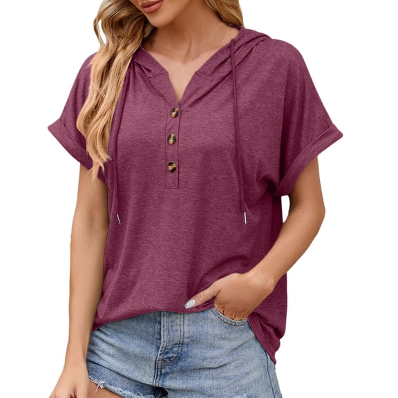 Landzoo One Short Sleeve Summer Loose Shirt Casual T Shirt Drawstring V Neck Button Hoodie Stylish Beautiful Women's T-Shirts