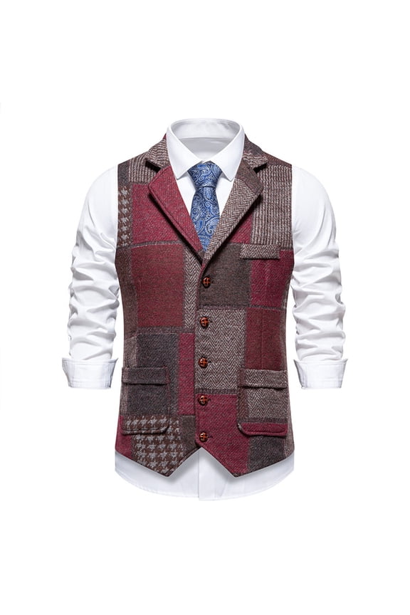 Style With Lapel Retro Patchwork Design Houndstooth Vest For Casual And Formal Wear Cozy Stylish Men's Outerwear Vests
