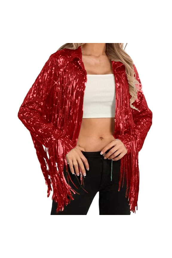 Stylish Casual Fringe Sequin Jacket Outerwear Sparkly Coat For Daily Wear And Night Out Stylish Cozy Women's Casual Jackets