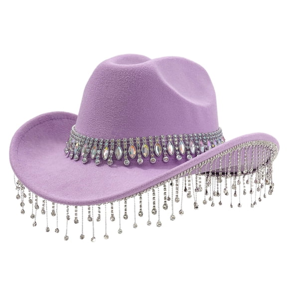 Landzoo One Stylish Cowboy Hat For Women And Men Western Hat With Large Round Gemstone Fringe Rhinestone Decorations For Parties And Events Cozy Stylish Basic Cowboy