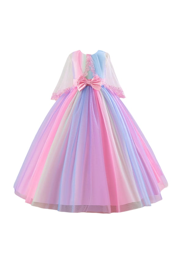 Toddler Girls' Gradient Rainbow Tutu Princess Dress With Bow Detail Long Sleeve Party Gown For Birthday & Dance Recital Beautiful Cute Cozy Girl's Dress 4-5 Years