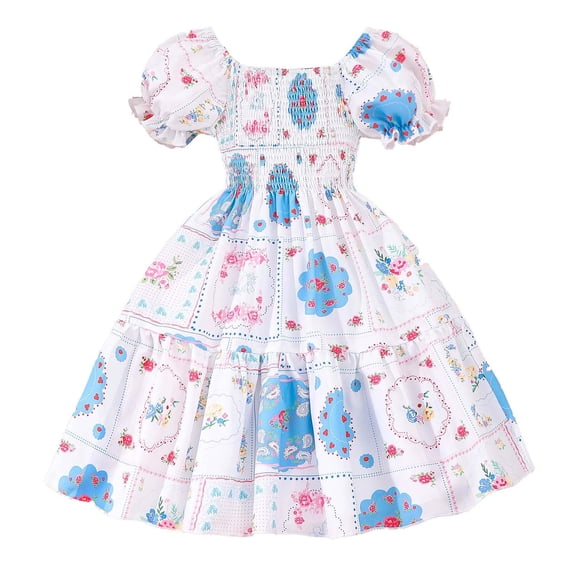 Landzoo One Toddler Girls' Smocked Floral Dress Short Sleeve Princess Dress With Ruffled Hem For 3 8 Years Beautiful Cute Casual Girl's Dress 2-3 Years