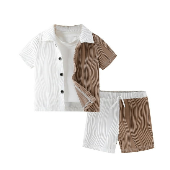 Landzoo One Toddler Kids Baby Boys Clothes Ribbed Button Down Lapel Collar Shirt Tops  Shorts Outfit 2PCS Set Cute Cozy Children Dailywear 12-18 Months