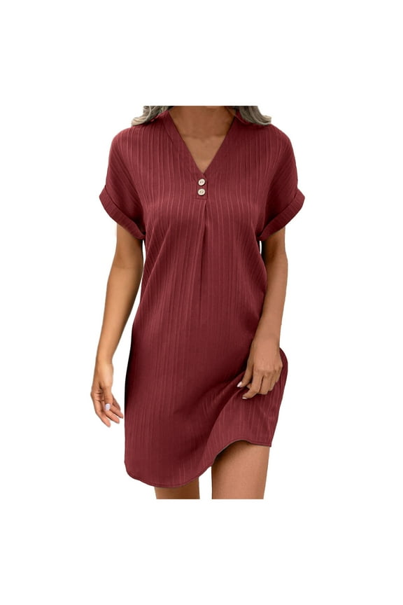 V Neck Solid Color Colour Pullover Comfortable Casual Button Down Dress Classic Beautiful Casual Women's Dress