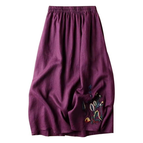 Landzoo One Vintage Floral Embroidered Cotton Linen Skirt For Women Summer A Line Midi Skirt Versatile Flared Skirt Beautiful Casual Women's Skirt