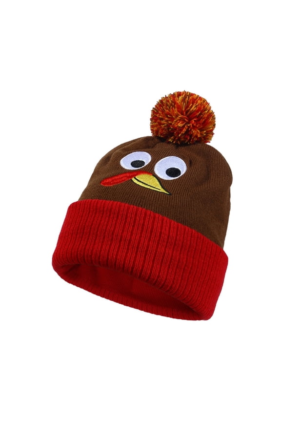 Winter Knit Hat With Embroidered Turkey Design For Thanksgiving Family Warm Ear Soft Stylish Basic Bomber Hats