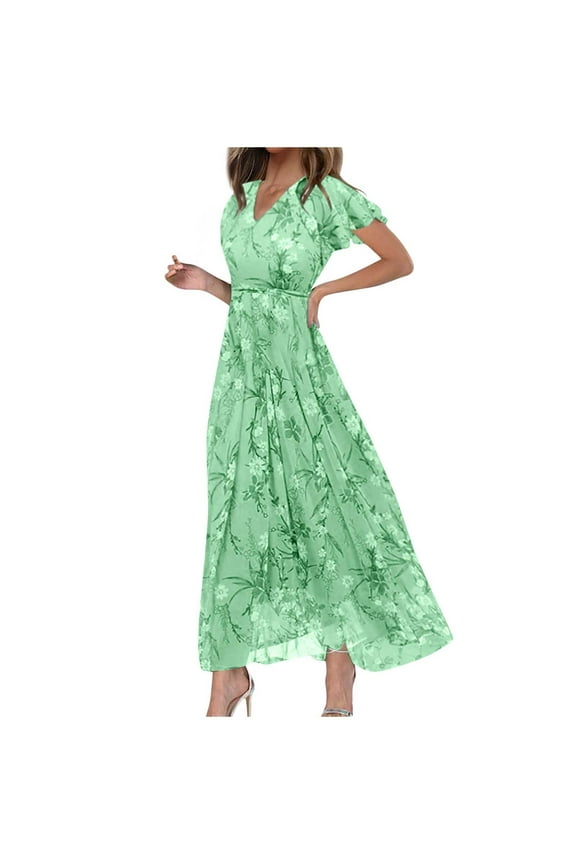 Women Dresses Swing Long Dress Chiffon Floral Short Sleeve Ruffle V Neck Fashion Waist Flowy Dresses Classic Elegant Casual Women's Dress