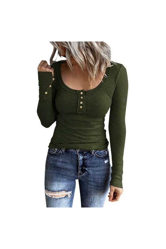 Women Long Sleeve Henley T Shirts Button Down Slim Fit Tops Scoop Neck Ribbed Knit Shirts Beautiful Basic Women's T-Shirts