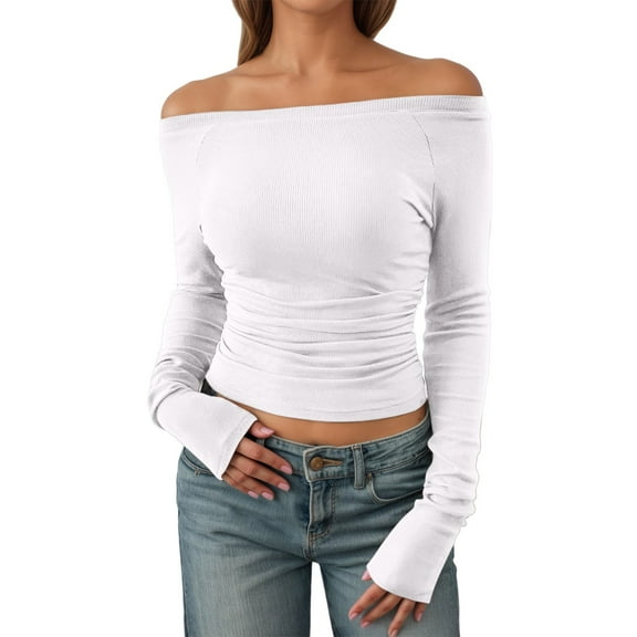 Landzoo One Women Long Sleeve Shirts Fall Ruched Sides Boat Neck Basic Tee Casual Fitted Ribbed Knit Crop Tops Stylish Beautiful Women's T-Shirts
