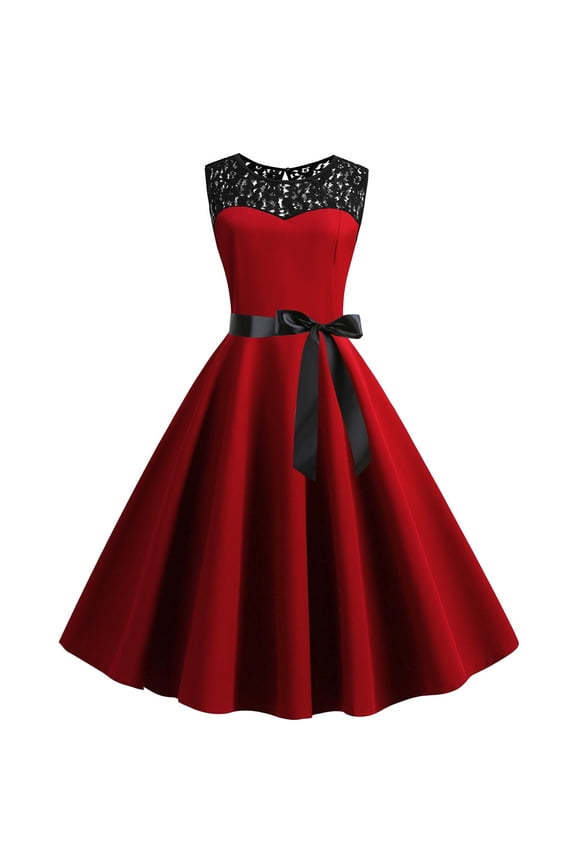 Women Vintage 1950s Retro Sleeveless Lace Splice Solid Color Party Prom Swing Dress Classic Beautiful Casual Women's Dress