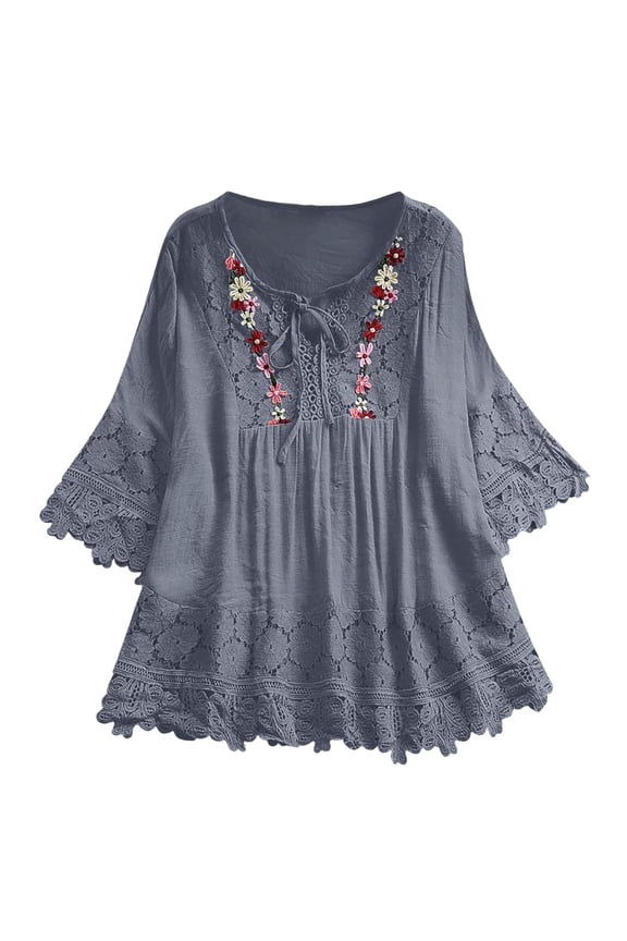Women Vintage Lace Patchwork Bow V Neck Three Quarter Blouses Top T Shirt Stylish Beautiful Women's T-Shirts
