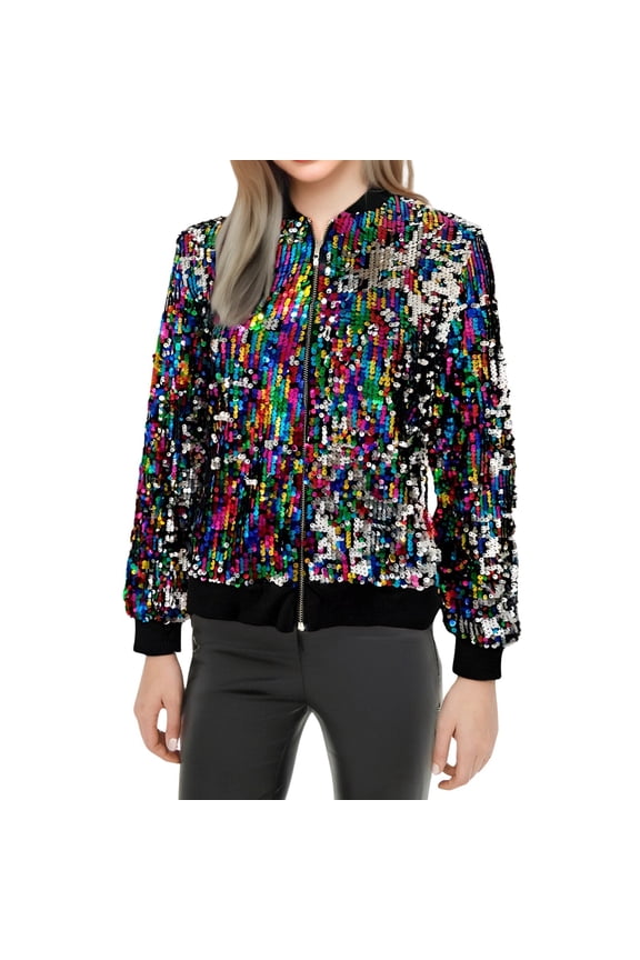 Women's Carnival Bead Sequin Zipper Long Sleeve Baseball Jacket Casual Jacket Coat Stylish Beautiful Women's Casual Jackets