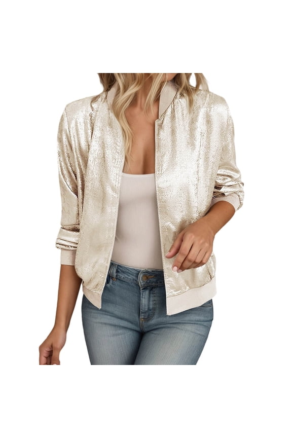 Women's Casual Jackets Lightweight Slim Fit Reflective Zipper Jacket Stylish Solid Color 拼接外套 Spring Autumn Fashion Outerwear Stylish Beautiful Women's Casual Jackets