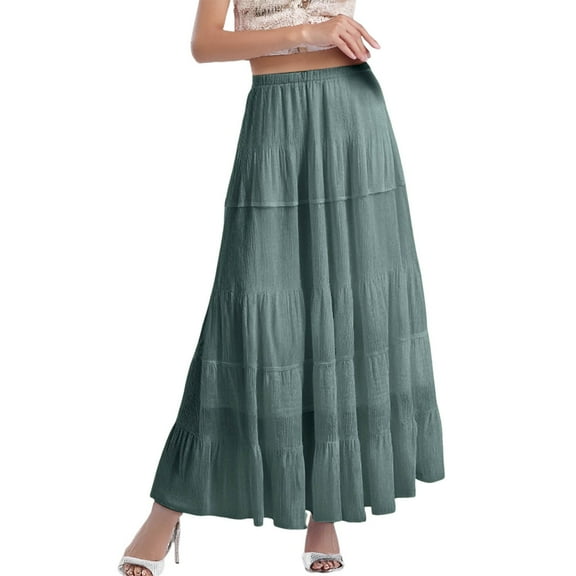 Landzoo One Women's Chiffon White Flowy Maxi Skirts Boho Summer Elastic Waisted Pleated A Line Long Skirt For Women Beautiful Cozy Women's Dress