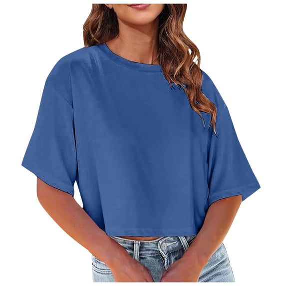Landzoo One Women's Crew Neck Cropped T Shirts Short Sleeve Loose Shoulder Crop Tee Tops Beautiful Basic Women's T-Shirts