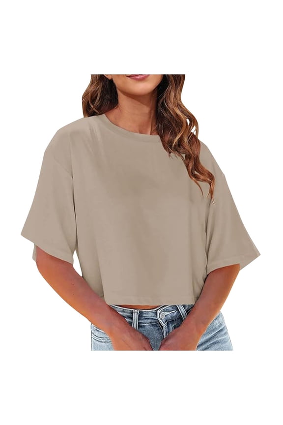 Women's Crew Neck Cropped T Shirts Short Sleeve Loose Shoulder Crop Tee Tops Stylish Beautiful Women's T-Shirts