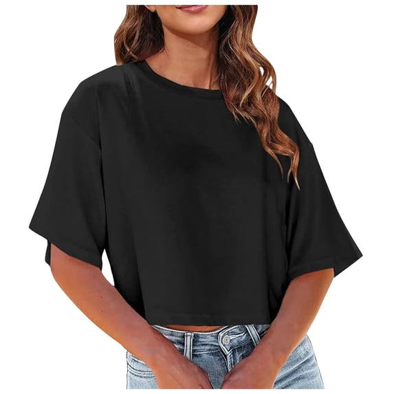 Landzoo One Women's Crew Neck Cropped T Shirts Short Sleeve Loose Shoulder Crop Tee Tops Stylish Cozy Women's T-Shirts