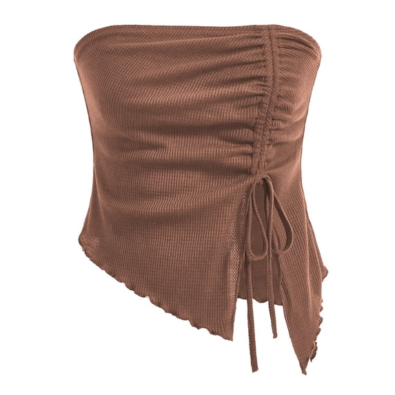 Landzoo One Women's Drawstring Split Irregular Lattice Slim Solid Color Strapless Vest Top Cozy Stylish Basic Tube Tops