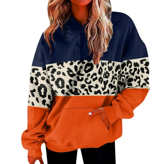 Landzoo One Women's Fashion Hooded Sweatshirt Leopard Print Patchwork Casual Pullover Hoodie For Daily Wear Comfortable Loose Fit Long Sleeve Tops Cozy Stylish Women's Sweatshirt L