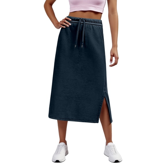 Landzoo One Women's High Waist Solid Color Casual Drawstring Side Slit Skater Skirt With Pockets Stretchy Comfortable A Line Mini Skirt Beautiful Stylish Women's Dress