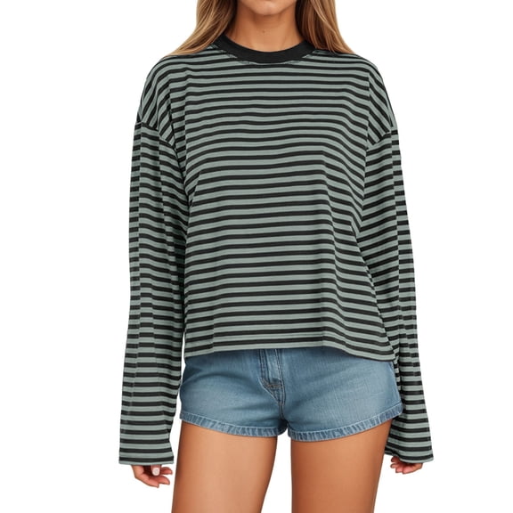 Landzoo One Women‘s Long Sleeve Striped T Shirt With Color Design Loose Fit And Round Neck For Comfortable Everyday Wear Stylish Beautiful Women's T-Shirts