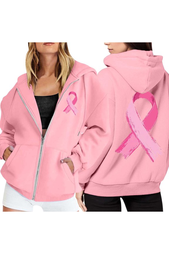 Women's Zip Up Hoodie Cancer Awareness Month Long Sleeve Pullover With Drawstring Pocket For Casual Winter Sports Cozy Stylish Women's Sweatshirt S