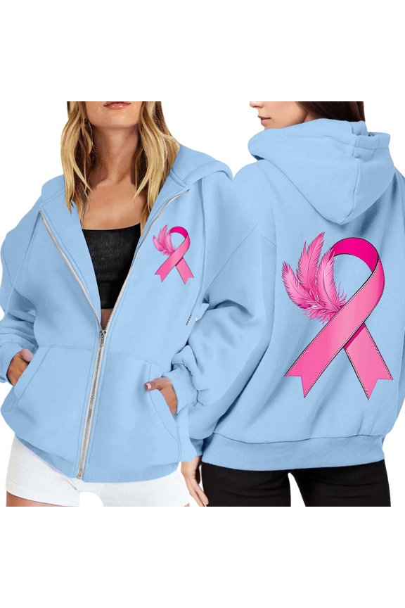 Women's Zip Up Hoodie Cancer Awareness Month Long Sleeve Pullover With Drawstring Pocket For Casual Winter Sports Stylish Breathable Women's Hoodie S