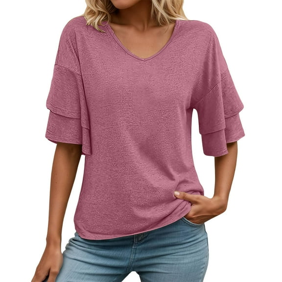 Landzoo One Womens V Neck Loose Fit T Shirt Double Layer Flounce Short Sleeve Top Stylish Beautiful Women's T-Shirts