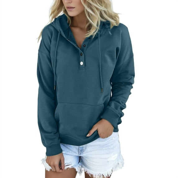 Landzoo Pullover For Womens Button Down Hoodies Drawstring Hooded Pocket Casual Long Sleeve V Neck Sweatshirts Warm Breathable Women's Hoodie