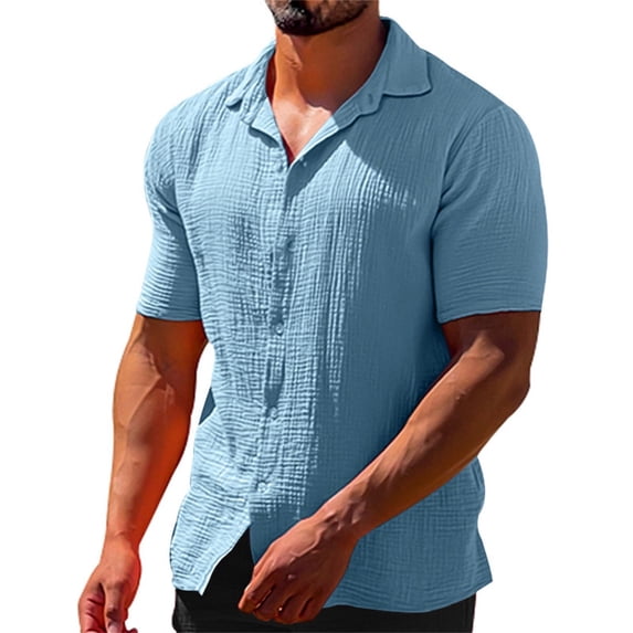 Landzoo Summer Casual Lapel Solid Color Short Sleeved Button Men'S Linen Shirt Men'S Clothing Stylish Leisure Handsome Men's Shirt