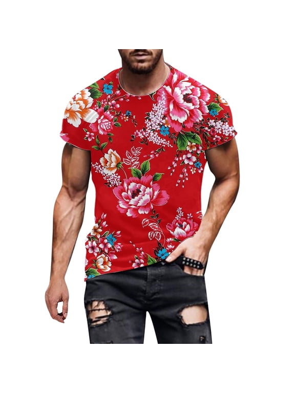 Summer Men Floral Graphic Printed Crew Neck T Shirt Top Casual Short Sleeve Tee Shirt Tunic Blouse Cozy Loose Men's Tops