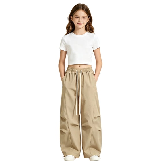 Landzoo Teen Girls Athletic Cargo Pants Wide Leg With Pockets And Drawstring Fall Casual Kid Girls Baggy Trousers