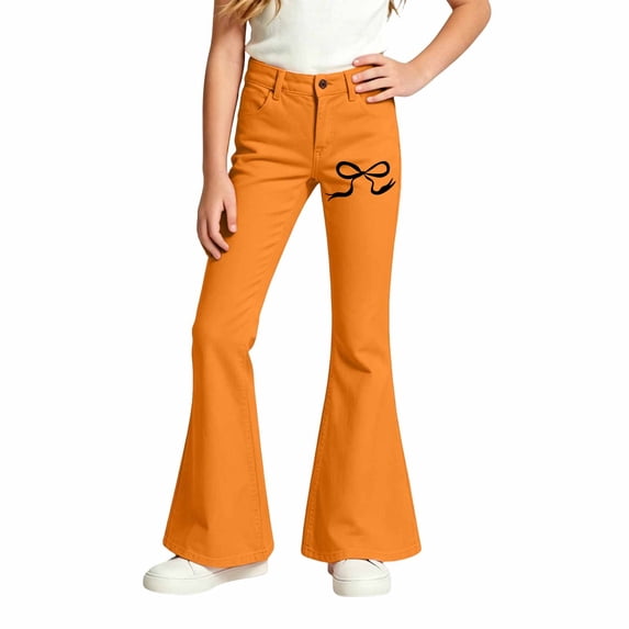 Landzoo Girls Flared Pants Bowknot Graphic Slim Fit High Waisted Fall Casual Kid Girls Trousers